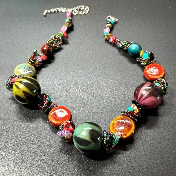 Multicolor Beaded Statement Necklace With Ceramic & Glass Accents - Picture 2 of 3